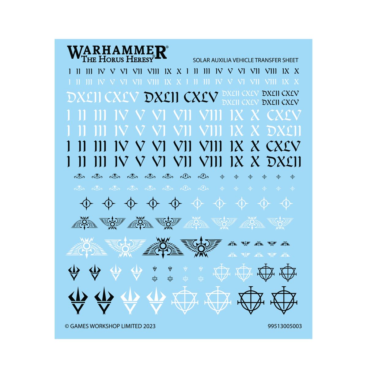 Solar Auxilia Vehicle Transfer Sheet - arkusz kalkomanii cyfry rzymskie I-X DXLII CXLV symbole orłów z kołem słonecznym trójzęby i romby z krzyżem 180 kalkomanii Horus Heresy Games Workshop 2023
