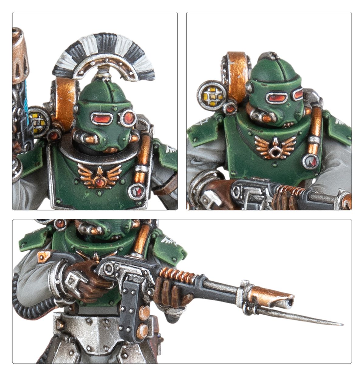 Solar Auxilia Sergeant - 3 zbliżenia zielony hełm z szarym grzebieniem i czerwonymi oczami klatka piersiowa z brązowym symbolem skrzydlatego orła z czerwonym klejnotem lasrifle z bagnetem szara lufa z brązową spiralą Horus Heresy Solar Auxilia