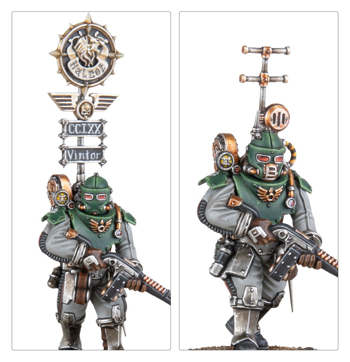 Solar Auxilia Lasrifle Section - Standard Bearer z vexilla złoty medalion z białym koniem w kole z kolcami i napisem Halcot tabliczki CCIXX i Vintor Vox Operator z srebrną anteną krzyżową z cyfrą III Horus Heresy Solar Auxilia