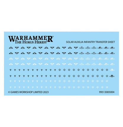 Solar Auxilia Infantry Transfer Sheet - arkusz kalkomanii skrzydlate słońca Solar Auxilia w 4 wariantach trójzęby w 4 wariantach diamenty z krzyżem w 4 wariantach czarne i białe Games Workshop 2023 Horus Heresy nr 99513005004