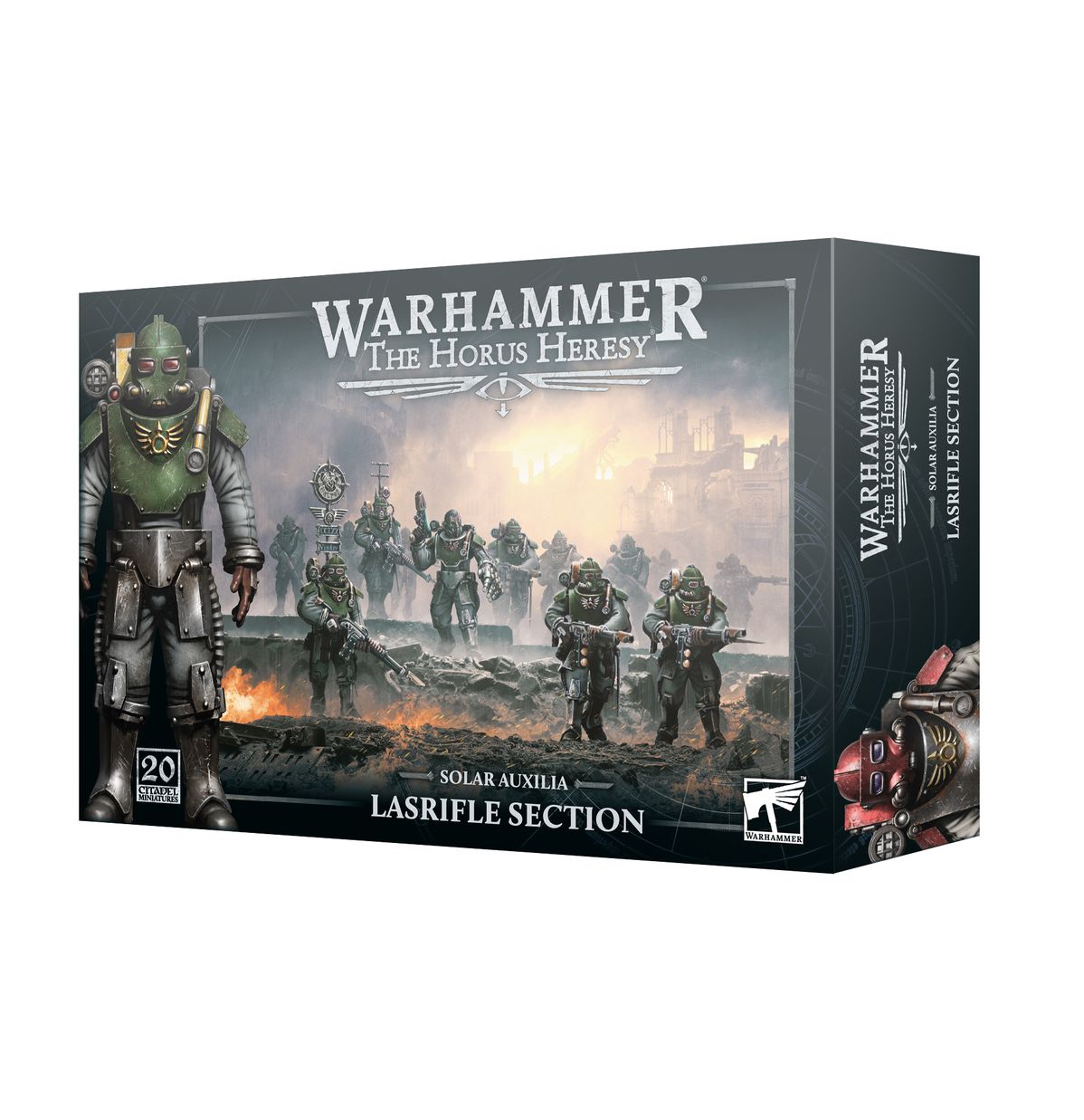 Solar Auxilia Lasrifle Section - pudełko Warhammer The Horus Heresy ciemnoszare ilustracja oddziału Solar Auxilia maszerującego przez płonące ruiny z vexilla w tle duży Sergeant w zielonej void armour 20 Citadel Miniatures Games Workshop