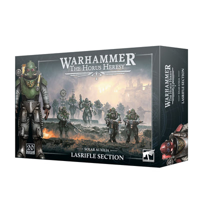 Solar Auxilia Lasrifle Section - pudełko Warhammer The Horus Heresy ciemnoszare ilustracja oddziału Solar Auxilia maszerującego przez płonące ruiny z vexilla w tle duży Sergeant w zielonej void armour 20 Citadel Miniatures Games Workshop