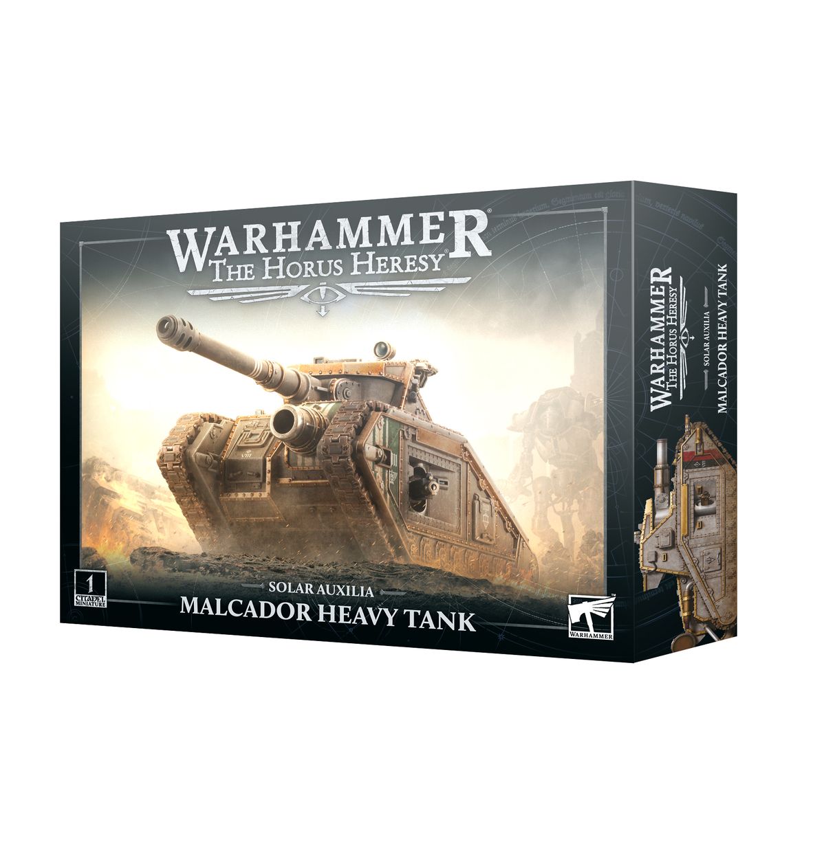 Solar Auxilia Malcador Heavy Tank - pudełko Warhammer The Horus Heresy czarne z ilustracją masywnego szaro-brązowego czołgu w mglistym polu bitwy 1 Citadel Miniature Games Workshop