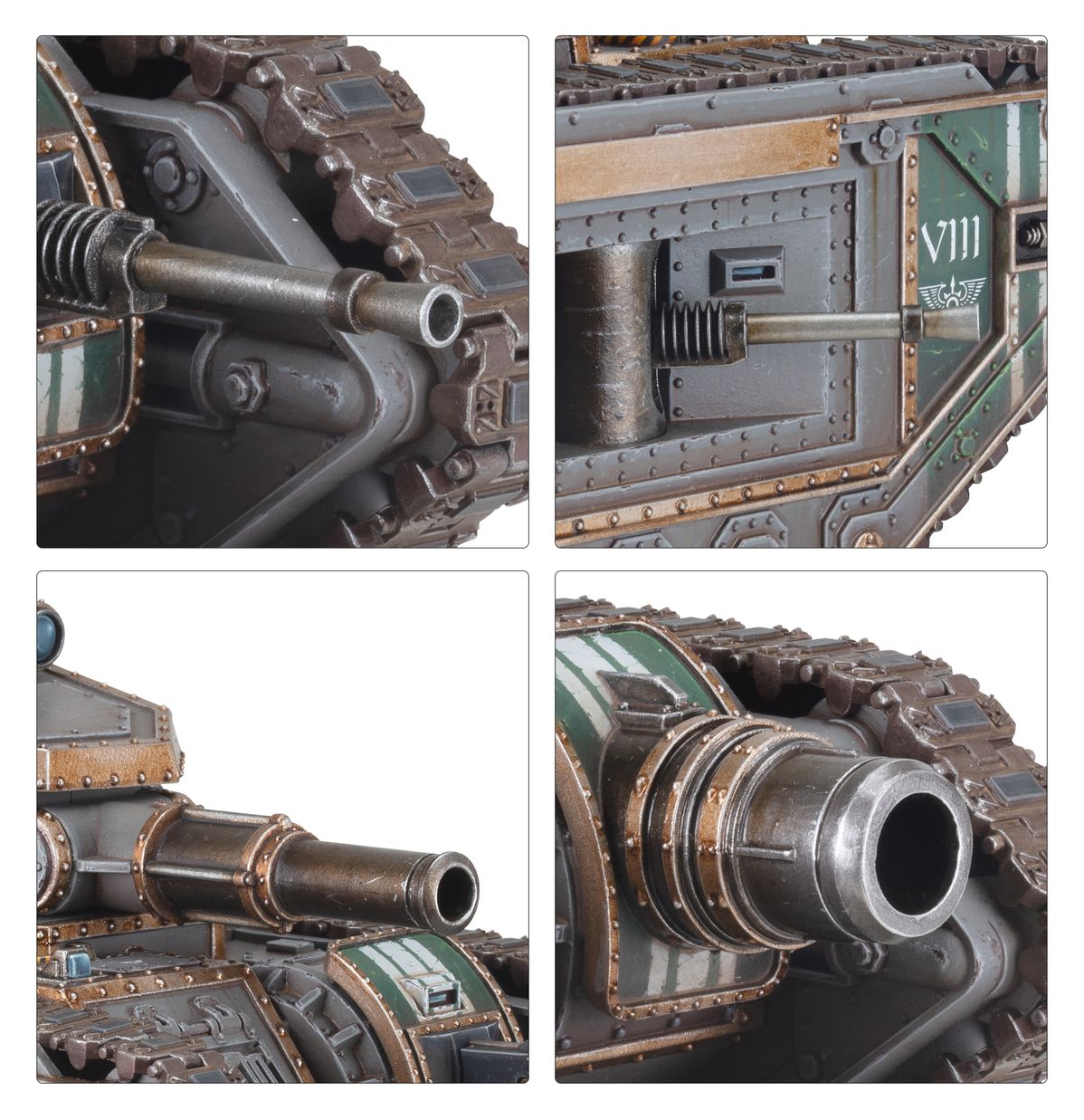 Solar Auxilia Malcador Heavy Tank - zbliżenia gąsienica z zawieszeniem boczny panel z napisem VIII i orłem Solar Auxilia wieżyczka z demolisher cannon i niebieskim okularkiem i lufa demolisher cannon Horus Heresy