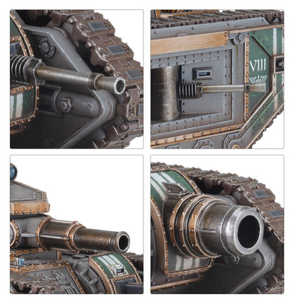 Solar Auxilia Malcador Heavy Tank - zbliżenia gąsienica z zawieszeniem boczny panel z napisem VIII i orłem Solar Auxilia wieżyczka z demolisher cannon i niebieskim okularkiem i lufa demolisher cannon Horus Heresy
