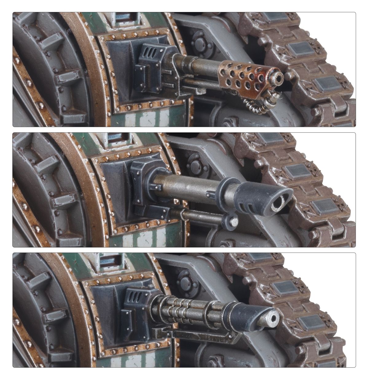 Solar Auxilia Malcador Heavy Tank - 3 opcje broni sponsonowej heavy bolter z taśmą amunicyjną lascannon z dwoma cylindrami i multi-laser na tle brązowo-szarego kadłuba z zielonymi detalami Horus Heresy