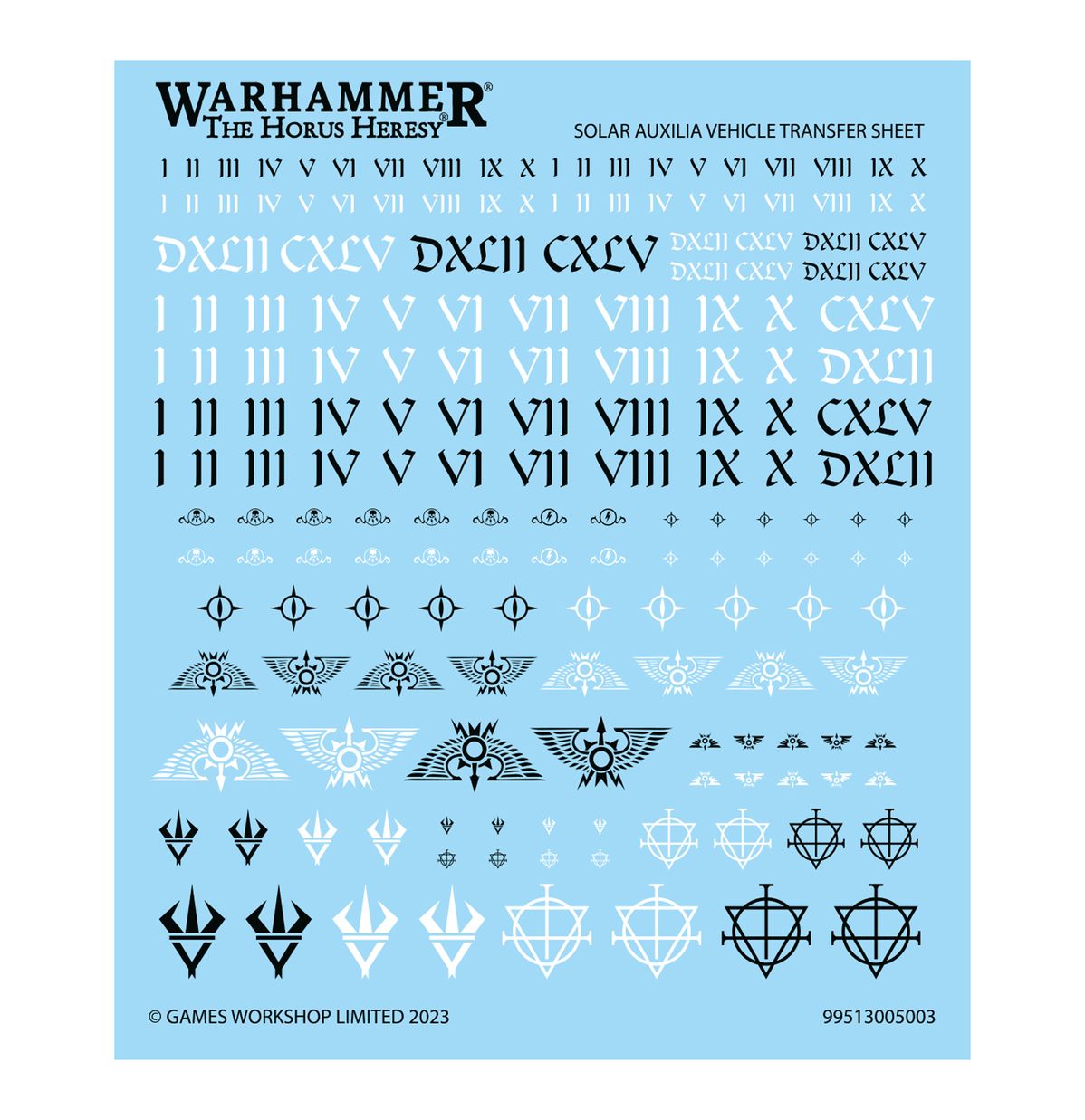 Solar Auxilia Malcador Heavy Tank - arkusz kalkomanii Solar Auxilia Vehicle Transfer Sheet cyfry rzymskie symbole orłów z kołem słonecznym trójzęby i romby z krzyżem 180 kalkomanii Horus Heresy