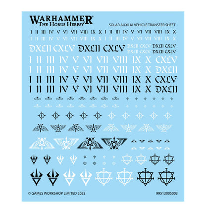 Solar Auxilia Malcador Heavy Tank - arkusz kalkomanii Solar Auxilia Vehicle Transfer Sheet cyfry rzymskie symbole orłów z kołem słonecznym trójzęby i romby z krzyżem 180 kalkomanii Horus Heresy
