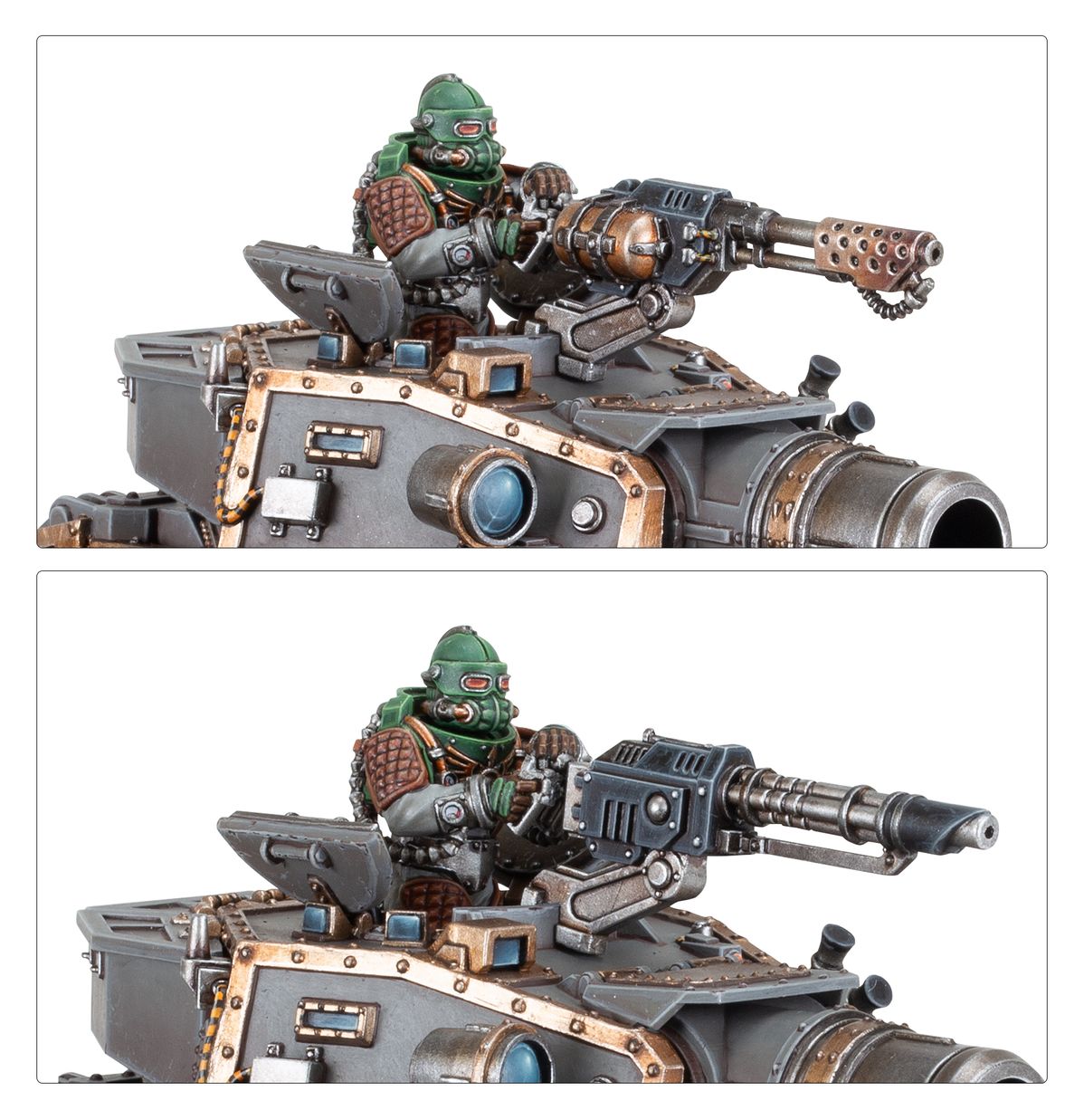 Solar Auxilia Leman Russ Assault Tank - zbliżenia gunnera zielony hełm z czerwonymi oczami heavy stubber z taśmą amunicyjną niebieski okular na wieżyczce i brązowe panele sterowania Horus Heresy