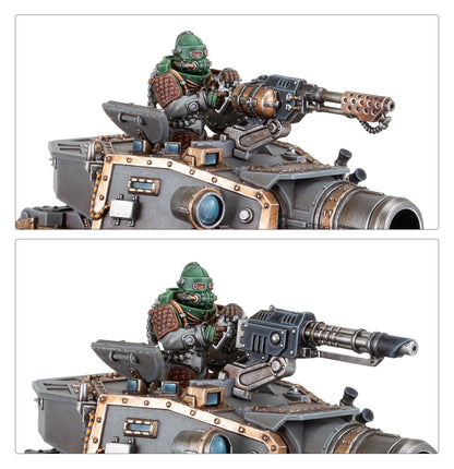 Solar Auxilia Leman Russ Assault Tank - zbliżenia gunnera zielony hełm z czerwonymi oczami heavy stubber z taśmą amunicyjną niebieski okular na wieżyczce i brązowe panele sterowania Horus Heresy