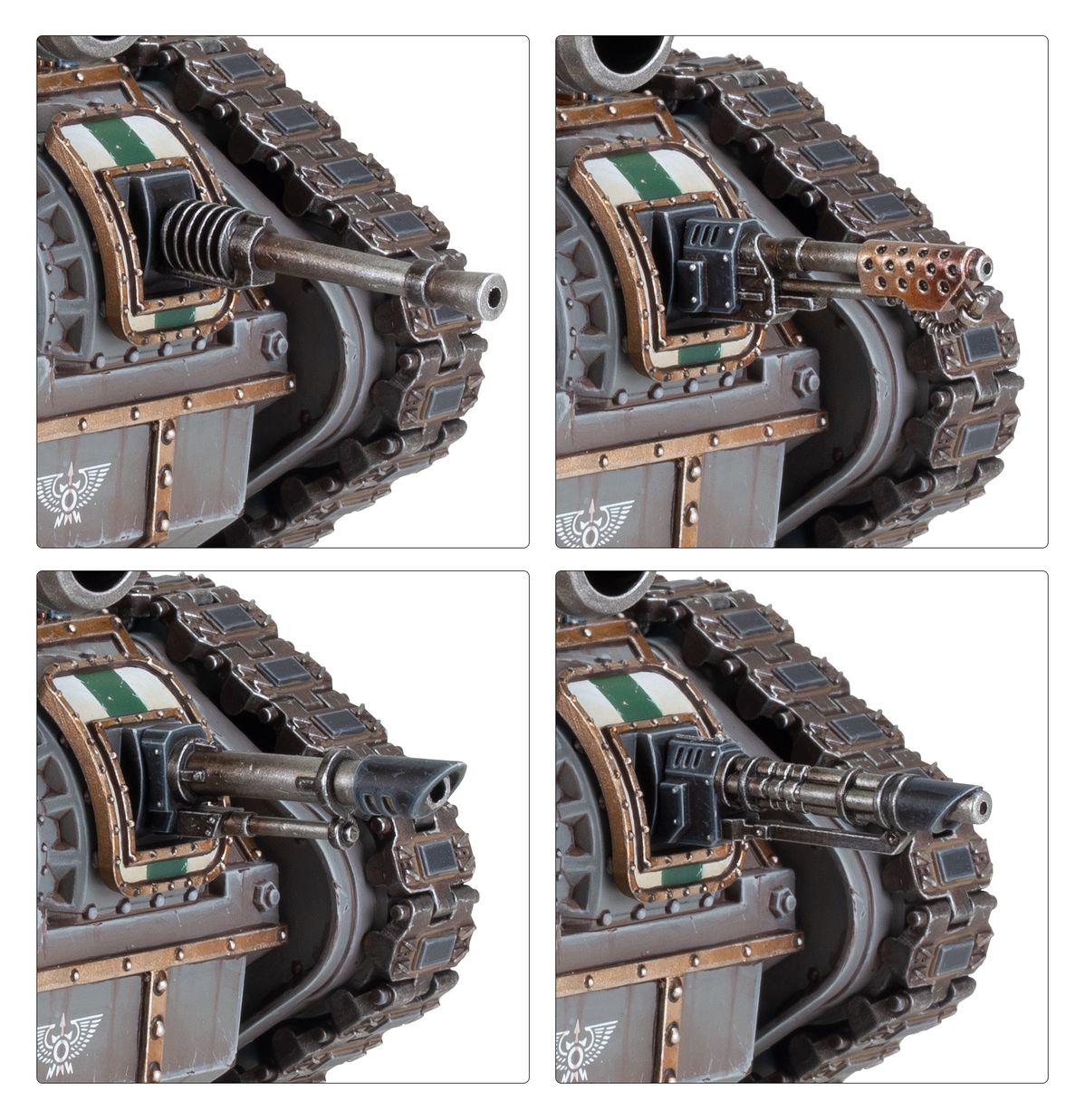 Solar Auxilia Leman Russ Assault Tank - 4 opcje broni bocznej lascannon autocannon krótka lufa i multi-laser na tle zielono-białego panelu z symbolem orła Solar Auxilia Horus Heresy