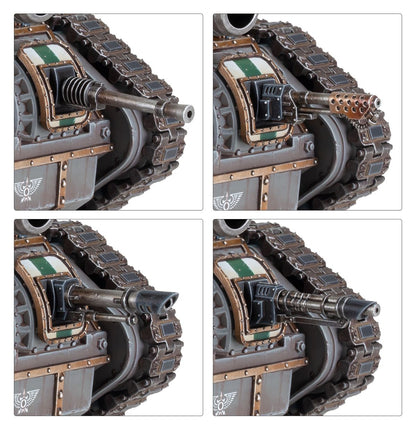 Solar Auxilia Leman Russ Assault Tank - 4 opcje broni bocznej lascannon autocannon krótka lufa i multi-laser na tle zielono-białego panelu z symbolem orła Solar Auxilia Horus Heresy