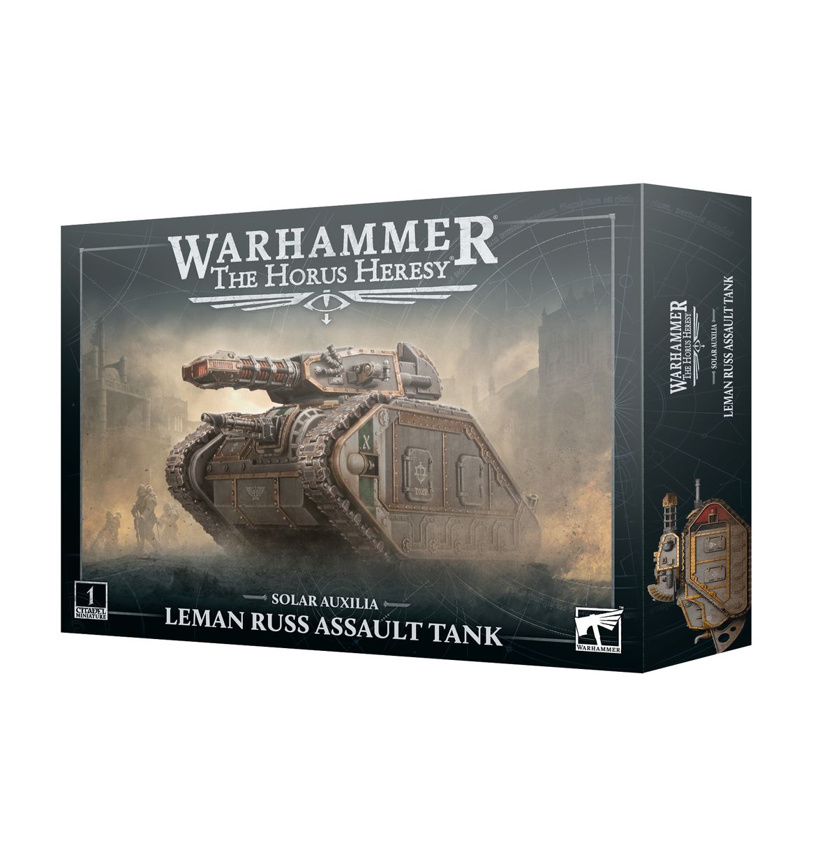 Solar Auxilia Leman Russ Assault Tank - pudełko Warhammer The Horus Heresy czarne z ilustracją szarego czołgu w mglistym polu bitwy 1 Citadel Miniature Games Workshop