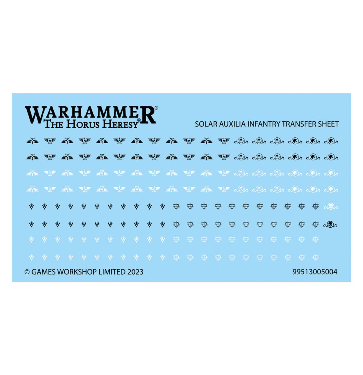 Solar Auxilia Infantry Transfer Sheet - arkusz kalkomanii skrzydlate słońca Solar Auxilia w 4 wariantach trójzęby w 4 wariantach diamenty z krzyżem w 4 wariantach czarne i białe Games Workshop 2023 Horus Heresy nr 99513005004