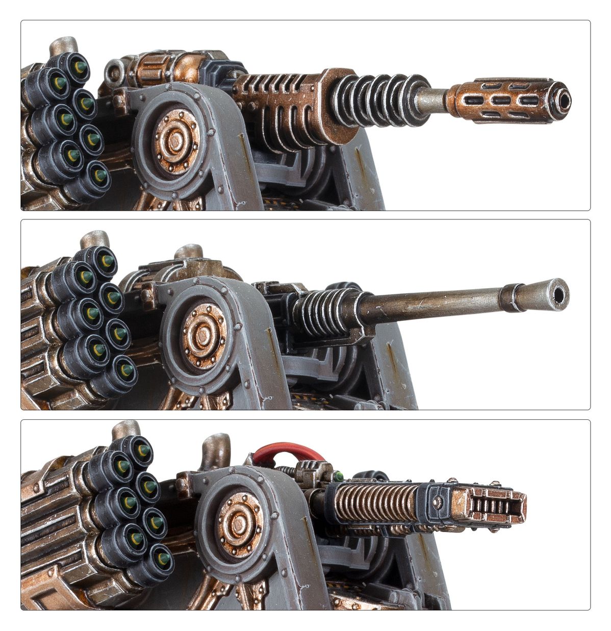 Aethon Heavy Sentinel - 3 kadry porównania opcji dział grzbietowych lascannon z brązową spiralną lufą autocannon z szarą prostą lufą volkite culverin z brązową spiralną lufą i czerwonym kablem Aethon missile battery po lewej Solar Auxilia Horus Heresy