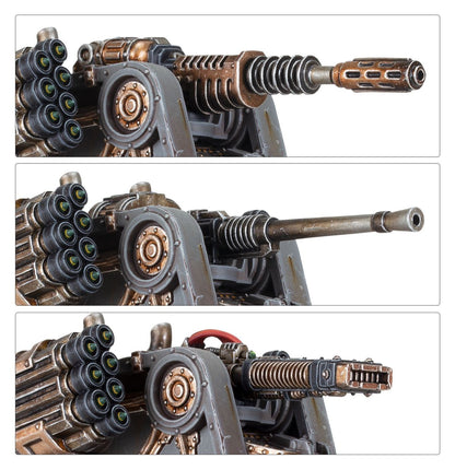 Aethon Heavy Sentinel - 3 kadry porównania opcji dział grzbietowych lascannon z brązową spiralną lufą autocannon z szarą prostą lufą volkite culverin z brązową spiralną lufą i czerwonym kablem Aethon missile battery po lewej Solar Auxilia Horus Heresy