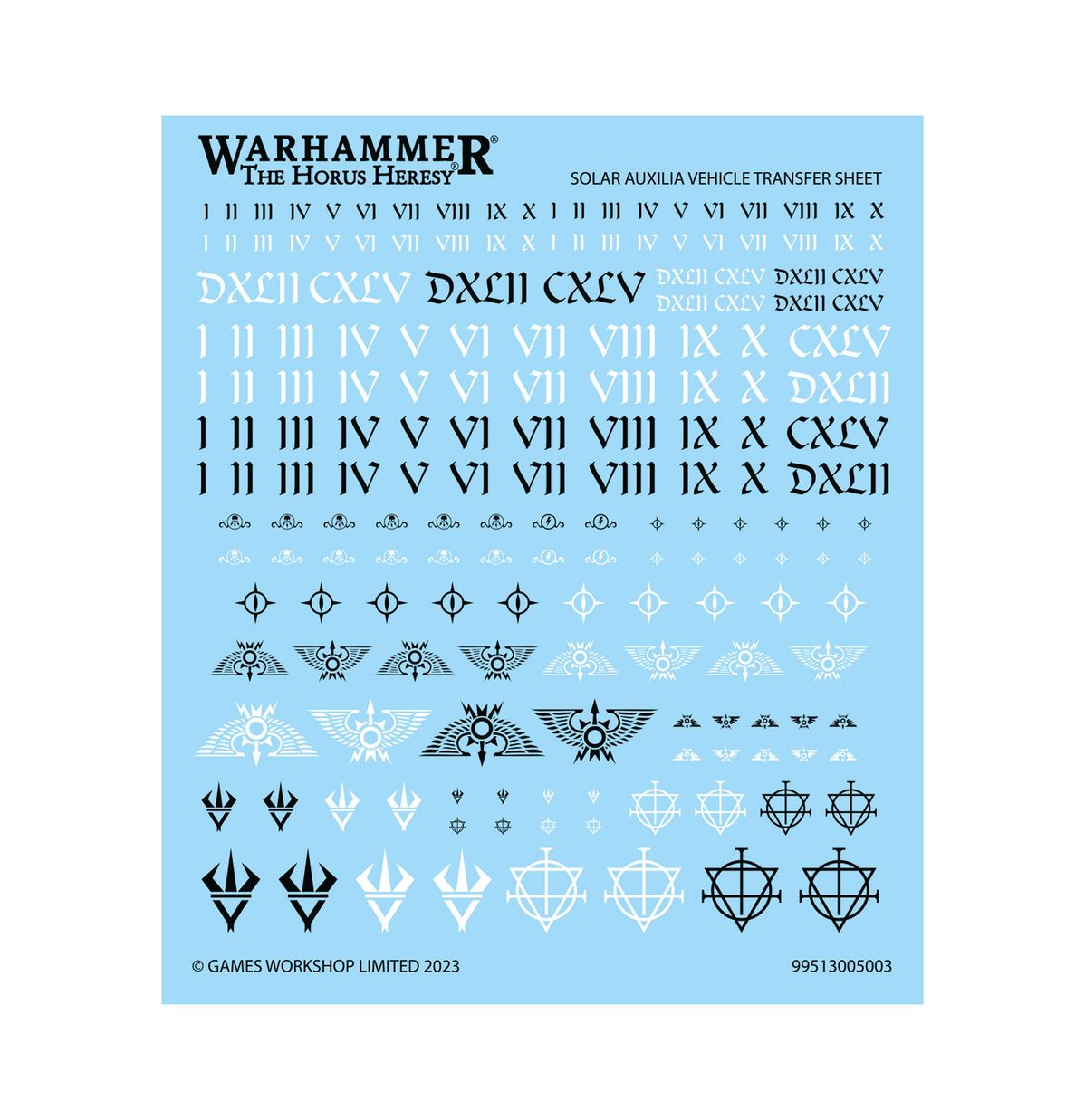 Solar Auxilia Vehicle Transfer Sheet - arkusz kalkomanii cyfry rzymskie I-X w 4 wariantach numery DXLII i CXLV skrzydlate słońca Solar Auxilia w 3 wariantach trójzęby i symbole geometryczne trójkąt w kole Games Workshop 2023 Horus Heresy