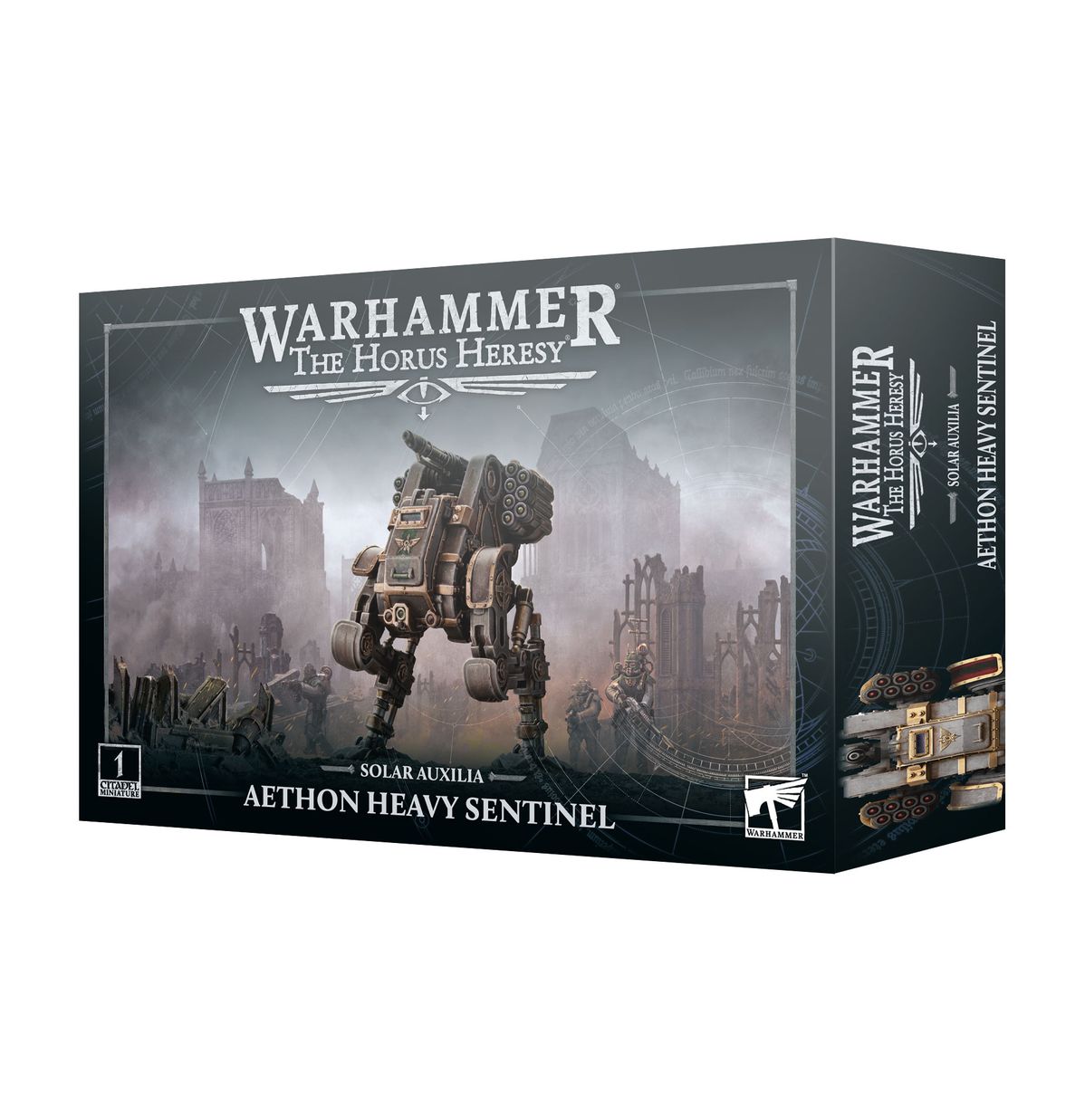 Aethon Heavy Sentinel - pudełko Warhammer The Horus Heresy Solar Auxilia ciemnoszare ilustracja walker w mglistej ruinie gotyckiego miasta z żołnierzami Solar Auxilia w tle 1 Citadel Miniature Games Workshop