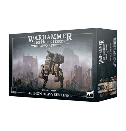 Aethon Heavy Sentinel - pudełko Warhammer The Horus Heresy Solar Auxilia ciemnoszare ilustracja walker w mglistej ruinie gotyckiego miasta z żołnierzami Solar Auxilia w tle 1 Citadel Miniature Games Workshop