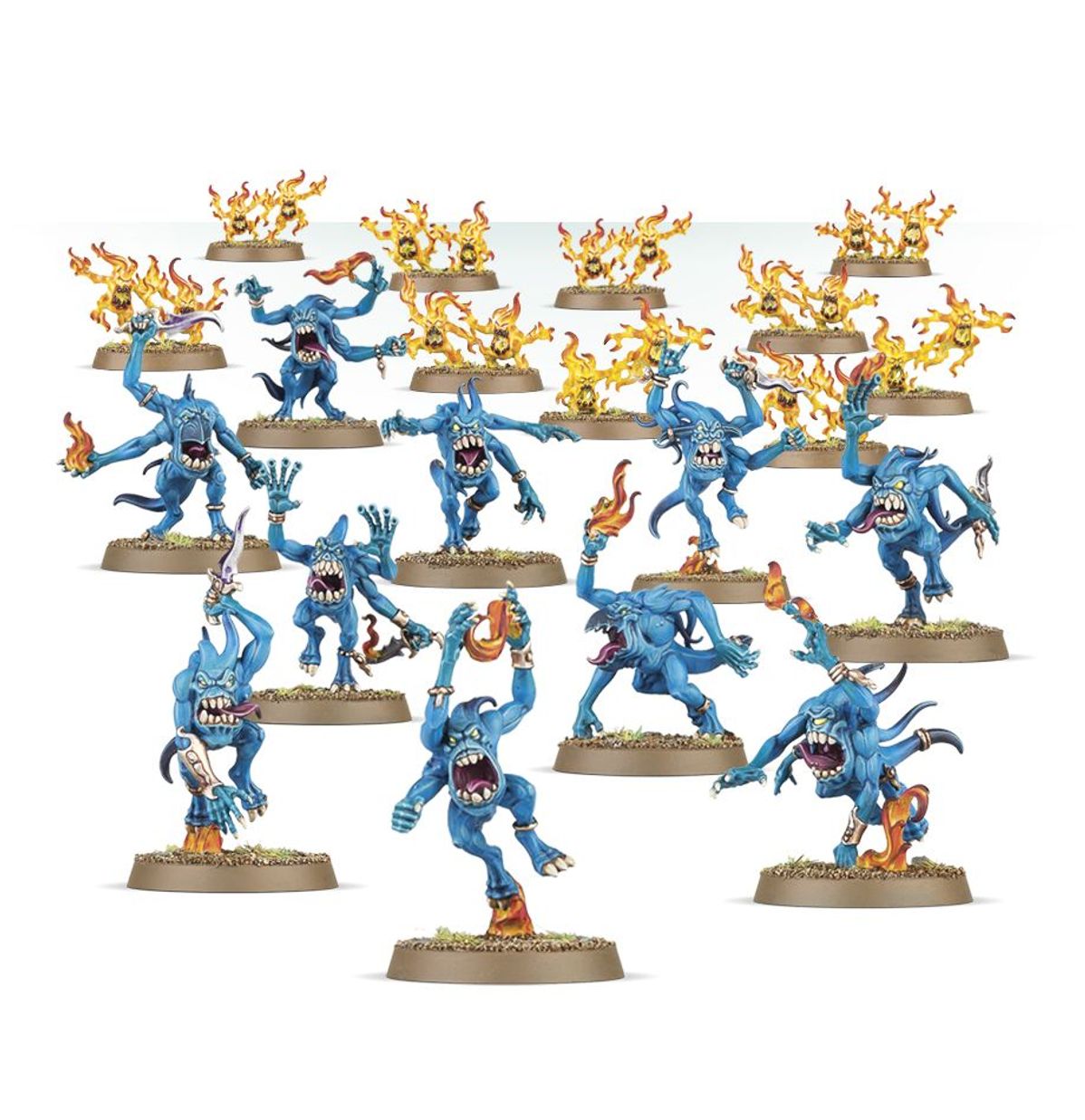 Blue Horrors i Brimstone Horrors - 10 niebieskich demonów Tzeentcha z płomieniami i szponami oraz 6 Brimstone Horrors z żółto-pomarańczowych płomieni na podstawkach - Warhammer Age of Sigmar