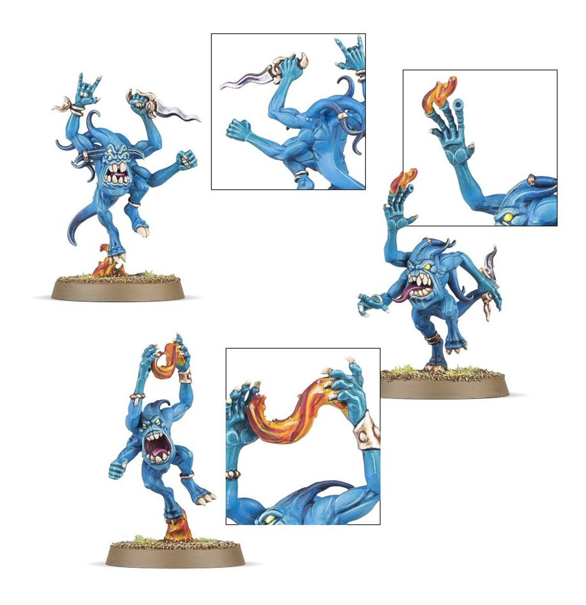 Blue Horrors warianty montażu - 4 modele niebieskich demonów z różnymi pozami i bronią: róg, płomień, szpony, z detalami rąk i ogonów - Warhammer Age of Sigmar