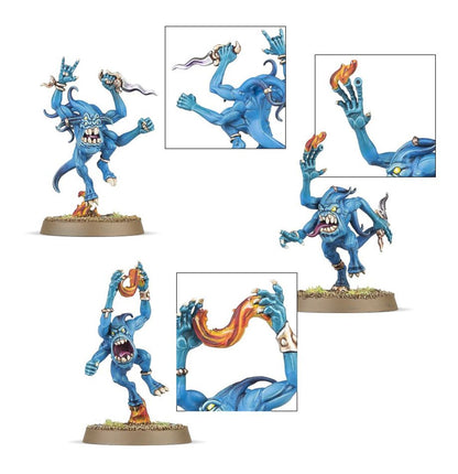 Blue Horrors warianty montażu - 4 modele niebieskich demonów z różnymi pozami i bronią: róg, płomień, szpony, z detalami rąk i ogonów - Warhammer Age of Sigmar