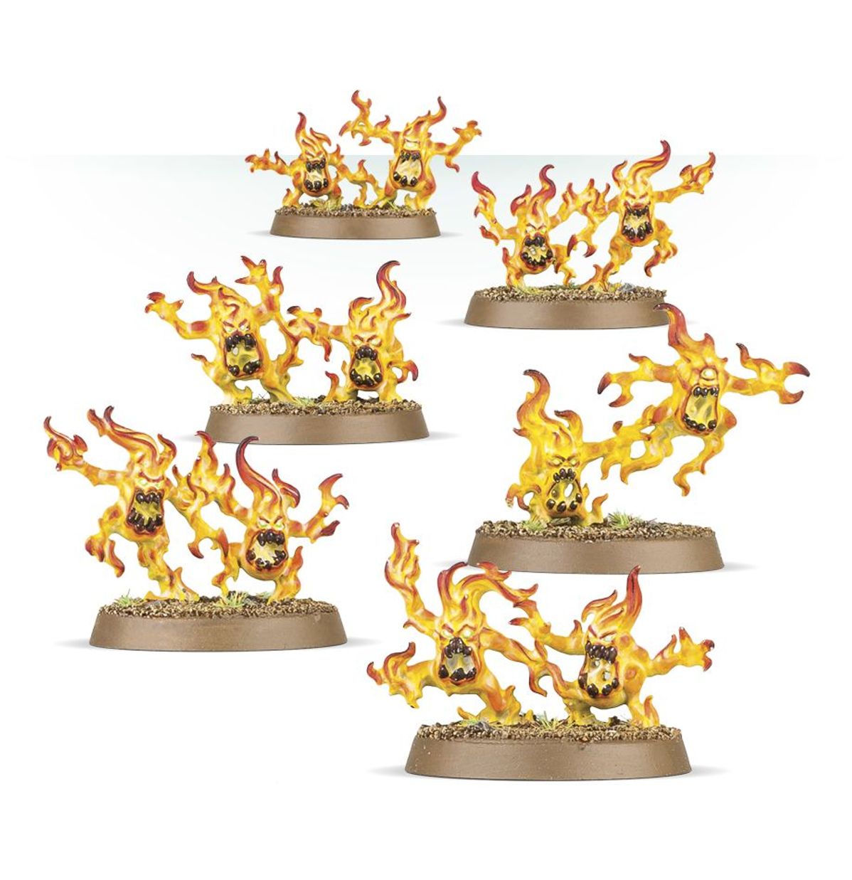 Brimstone Horrors - 6 modeli demonów z żółto-pomarańczowych płomieni z wściekłymi twarzami na okrągłych podstawkach - Warhammer Age of Sigmar