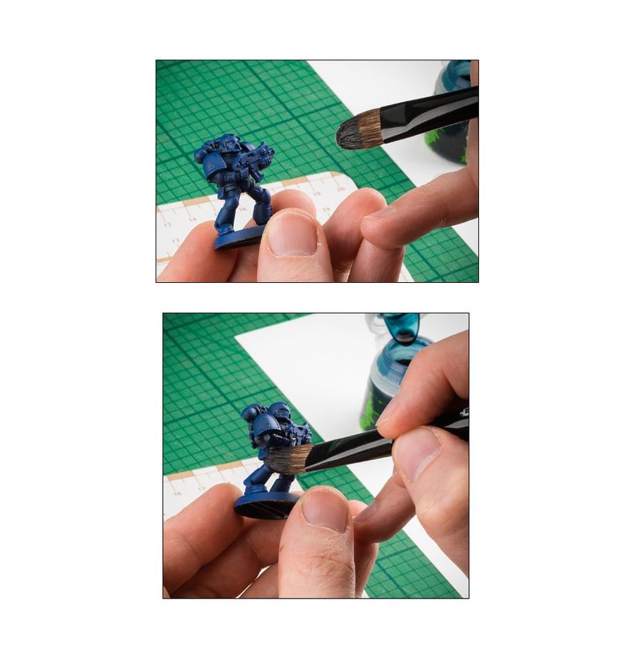 Citadel L Shade Brush w użyciu - cieniowanie figurki Space Marine Warhammer 40000 pędzlem z włosiem ox hair Games Workshop