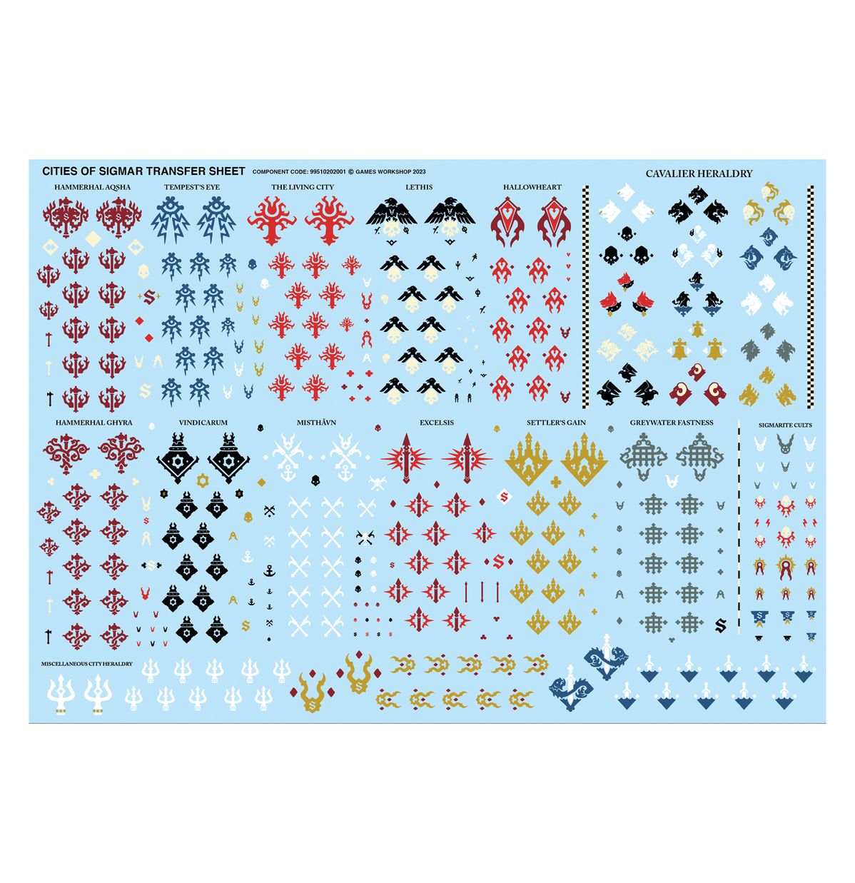 Cities of Sigmar Transfer Sheet - arkusz kalkomanii na niebieskim tle z 410 ikonami, sygilami i herbami miast Warhammer Age of Sigmar