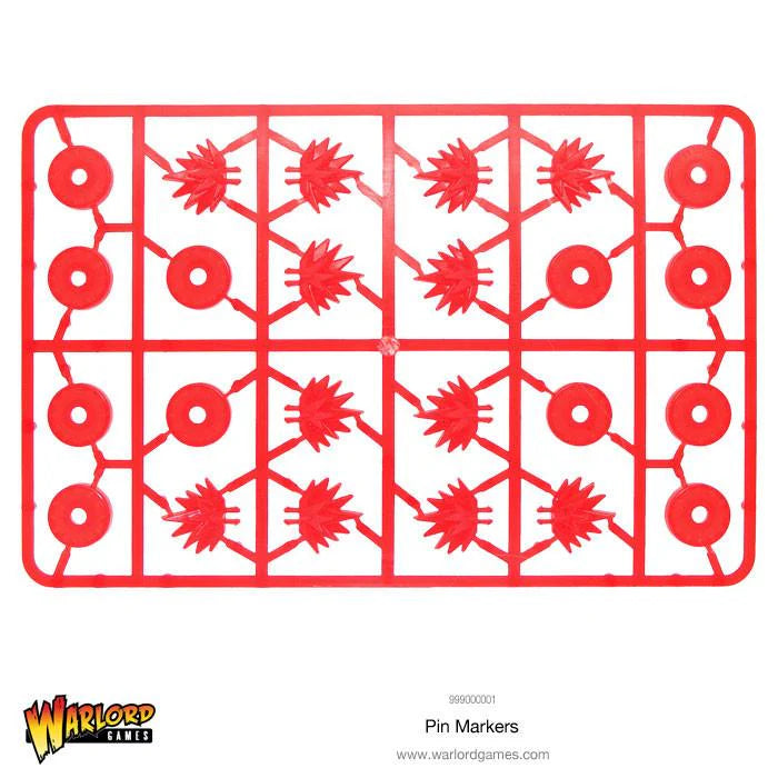 Warlord Games Pin Markers Frame - czerwona plastikowa ramka z wypraskami: 8 markerów w kształcie eksplozji i 12 okrągłych podstawek do wycięcia - logo Warlord Games - oficjalne markery przypięcia do Bolt Action i Beyond the Gates of Antares - www.warlordgames.com