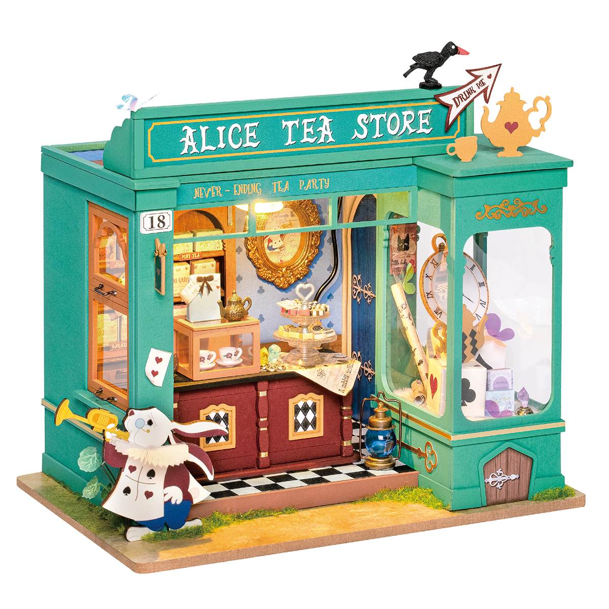 Herbaciarnia Alicji Alice's Tea Store Rolife DG156 – gotowy model turkusowego sklepu z herbatą, królikiem i LED, widok frontalny na białym tle