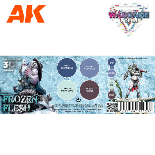 Frozen Flesh AK1066 zawartość zestawu Wargame Color - AK11173 Ocean Blue, AK11165 Grey-Blue, AK11174 Snow Blue, AK11073 Purple - AK Interactive
