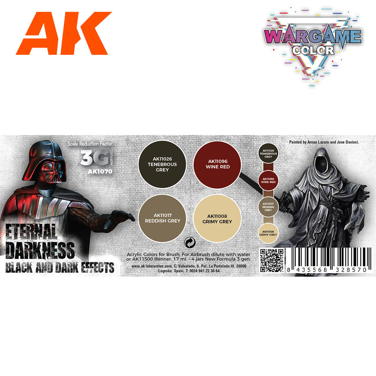 Eternal Darkness AK1070 zawartość zestawu Wargame Color - AK11026 Tenebrous Grey, AK11096 Wine Red, AK11017 Reddish Grey, AK11008 Grimy Grey - AK Interactive
