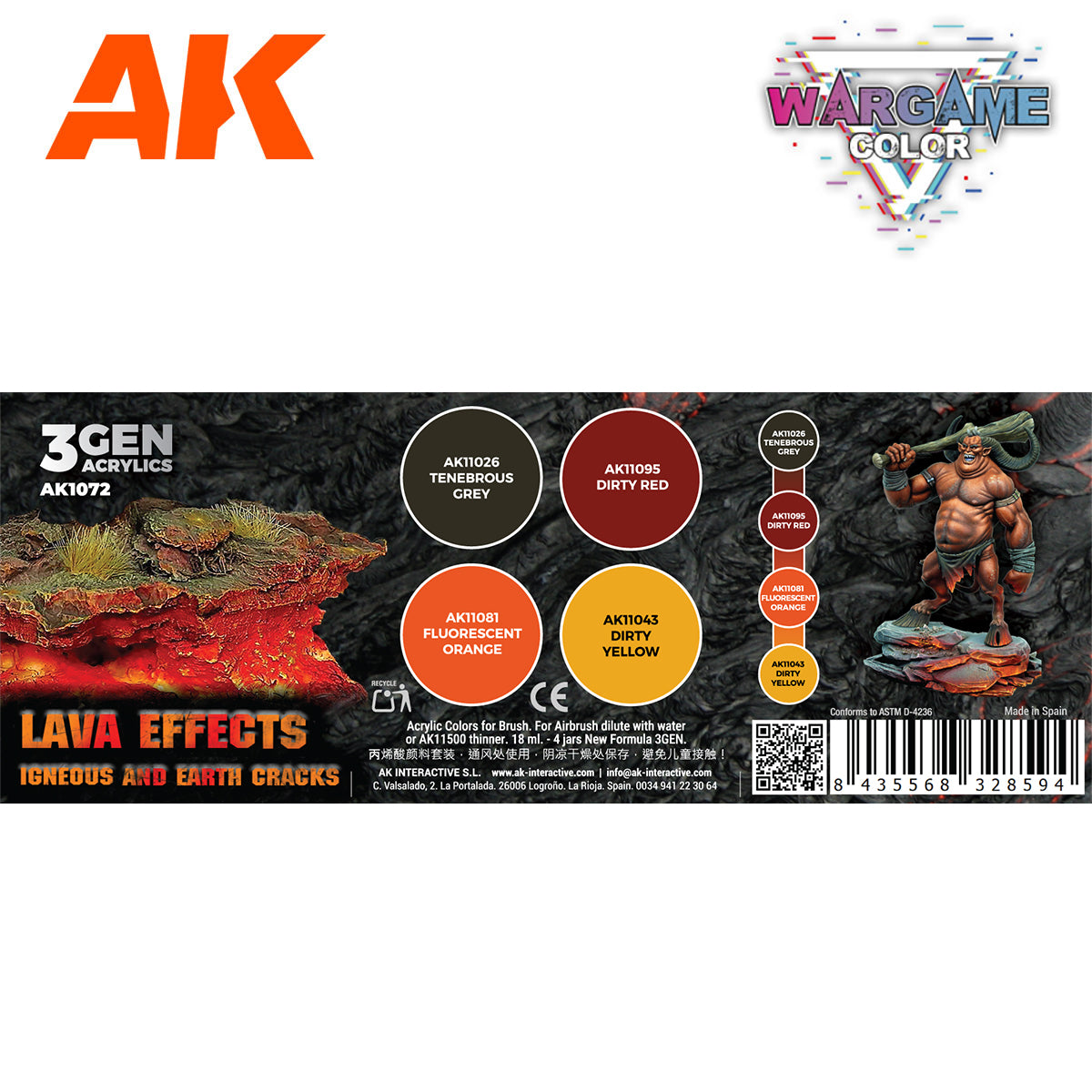 Lava Effects AK1072 zawartość zestawu Wargame Color - AK11026 Tenebrous Grey, AK11095 Dirty Red, AK11081 Fluorescent Orange, AK11043 Dirty Yellow - AK Interactive
