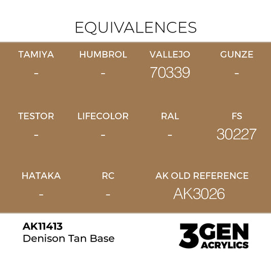 Denison Tan Base AK11413 tabela ekwiwalentów - odpowiedniki Vallejo 70339, FS 30227, AK Old Reference AK3026 - AK Interactive
