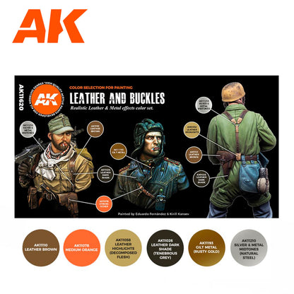 Leather and Buckles AK11620 zawartość - karta 6 kolorów 3G: Leather Brown, Medium Orange, Leather Highlights, Leather Dark Shade, Gilt Metal, Silver & Metal Midtones - AK Interactive
