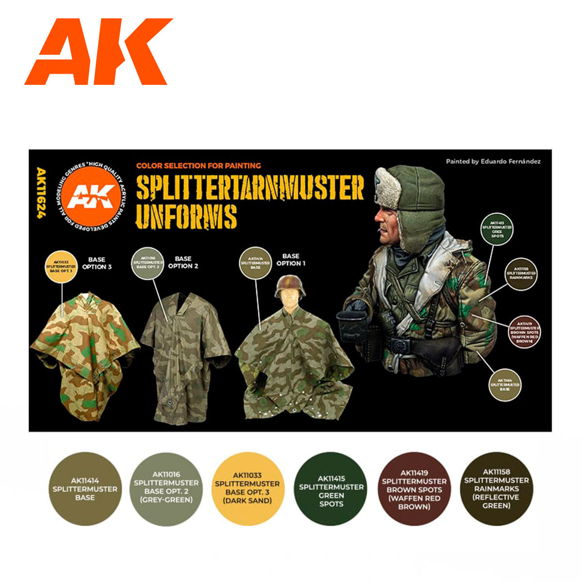 Splittertarnmuster Uniforms AK11624 zawartość - karta 6 kolorów 3G: Base, Base Opt.2 Grey-Green, Base Opt.3 Dark Sand, Green Spots, Brown Spots, Rainmarks Reflective Green - AK Interactive
