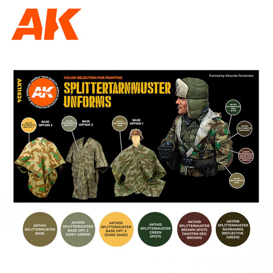 Splittertarnmuster Uniforms AK11624 zawartość - karta 6 kolorów 3G: Base, Base Opt.2 Grey-Green, Base Opt.3 Dark Sand, Green Spots, Brown Spots, Rainmarks Reflective Green - AK Interactive
