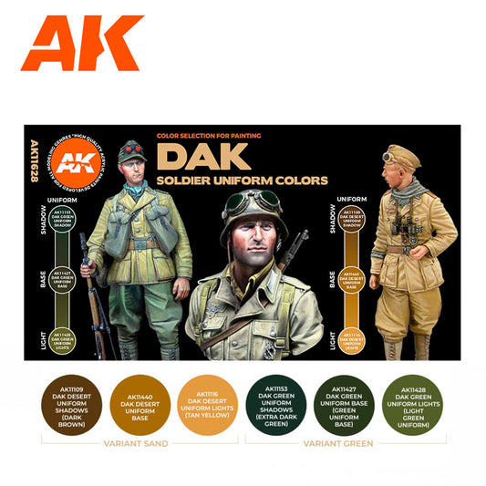 DAK Soldier Uniform Colors AK11628 zawartość - karta 6 kolorów 3G: Desert Uniform Shadows, Desert Base, Desert Lights, Green Uniform Shadows, Green Uniform Base, Green Uniform Lights - AK Interactive

