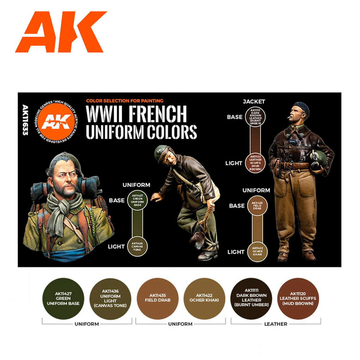 WWII French Uniform Colors AK11633 zawartość - karta 6 kolorów 3G: Green Uniform Base, Uniform Light, Field Drab, Ocher Khaki, Dark Brown Leather, Leather Scuffs - AK Interactive
