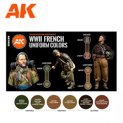 WWII French Uniform Colors AK11633 zawartość - karta 6 kolorów 3G: Green Uniform Base, Uniform Light, Field Drab, Ocher Khaki, Dark Brown Leather, Leather Scuffs - AK Interactive
