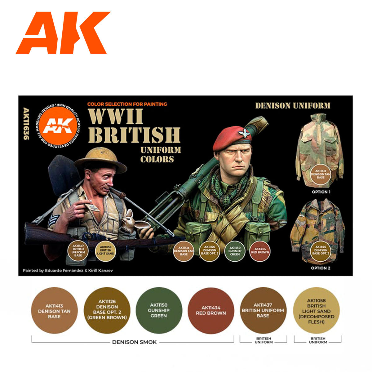 WWII British Uniform Colors AK11636 zawartość - karta 6 kolorów 3G: Denison Tan Base, Denison Base Opt.2, Gunship Green, Red Brown, British Uniform Base, British Light Sand - AK Interactive
