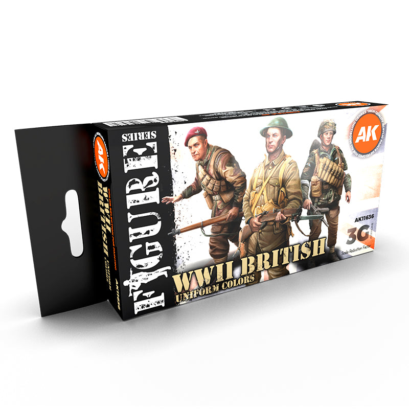 WWII British Uniform Colors Figure Series AK11636 - zestaw 6 farb 3G Acrylics do mundurów brytyjskiej armii WWII i wzoru Denison - AK Interactive
