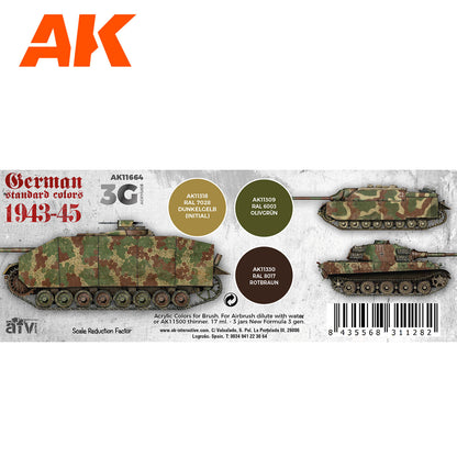 German Standard Colors 1943-45 AK11664 zawartość zestawu 3G - AK11318 RAL 7028 Dunkelgelb, AK11309 RAL 6003 Olivgrün, AK11330 RAL 8017 Rotbraun - AK Interactive

