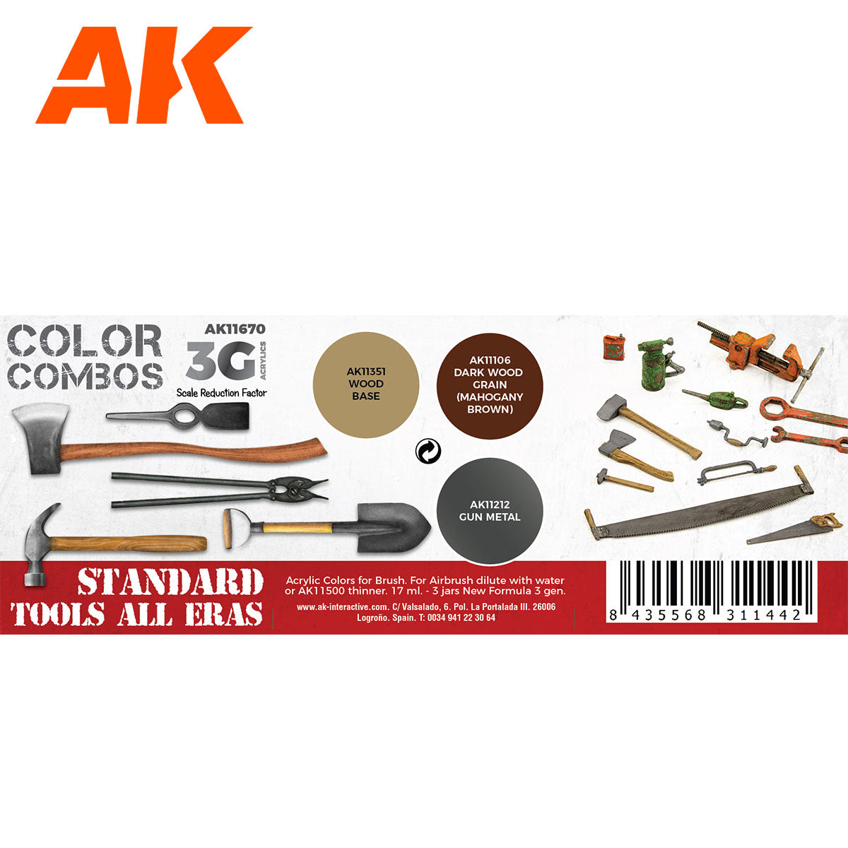 Standard Tools All Eras AK11670 zawartość zestawu Color Combos 3G - AK11351 Wood Base, AK11106 Dark Wood Grain, AK11212 Gun Metal - AK Interactive

