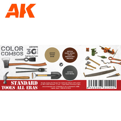 Standard Tools All Eras AK11670 zawartość zestawu Color Combos 3G - AK11351 Wood Base, AK11106 Dark Wood Grain, AK11212 Gun Metal - AK Interactive

