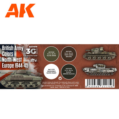 British Army Colors North-West Europe 1944-45 AK11679 zawartość zestawu 3G - AK11386 S.C.C. No.15 Olive Drab, AK11384 S.C.C. No.1A Very Dark Brown, AK11372 Washable White Paint, AK11028 S.C.C. No.14 Black - AK Interactive
