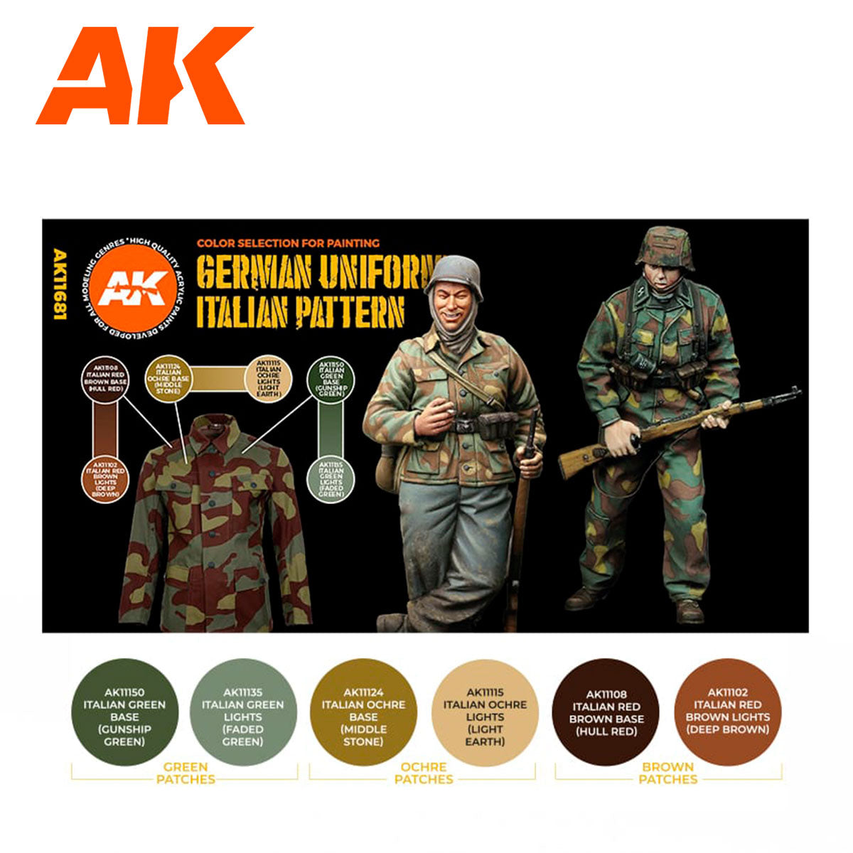 German Uniform Italian Pattern AK11681 zawartość - figurki Waffen SS z włoskim kamuflażem i karta 6 kolorów 3G: Green Patches, Ochre Patches, Brown Patches - AK Interactive
