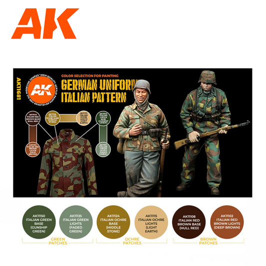 German Uniform Italian Pattern AK11681 zawartość - figurki Waffen SS z włoskim kamuflażem i karta 6 kolorów 3G: Green Patches, Ochre Patches, Brown Patches - AK Interactive
