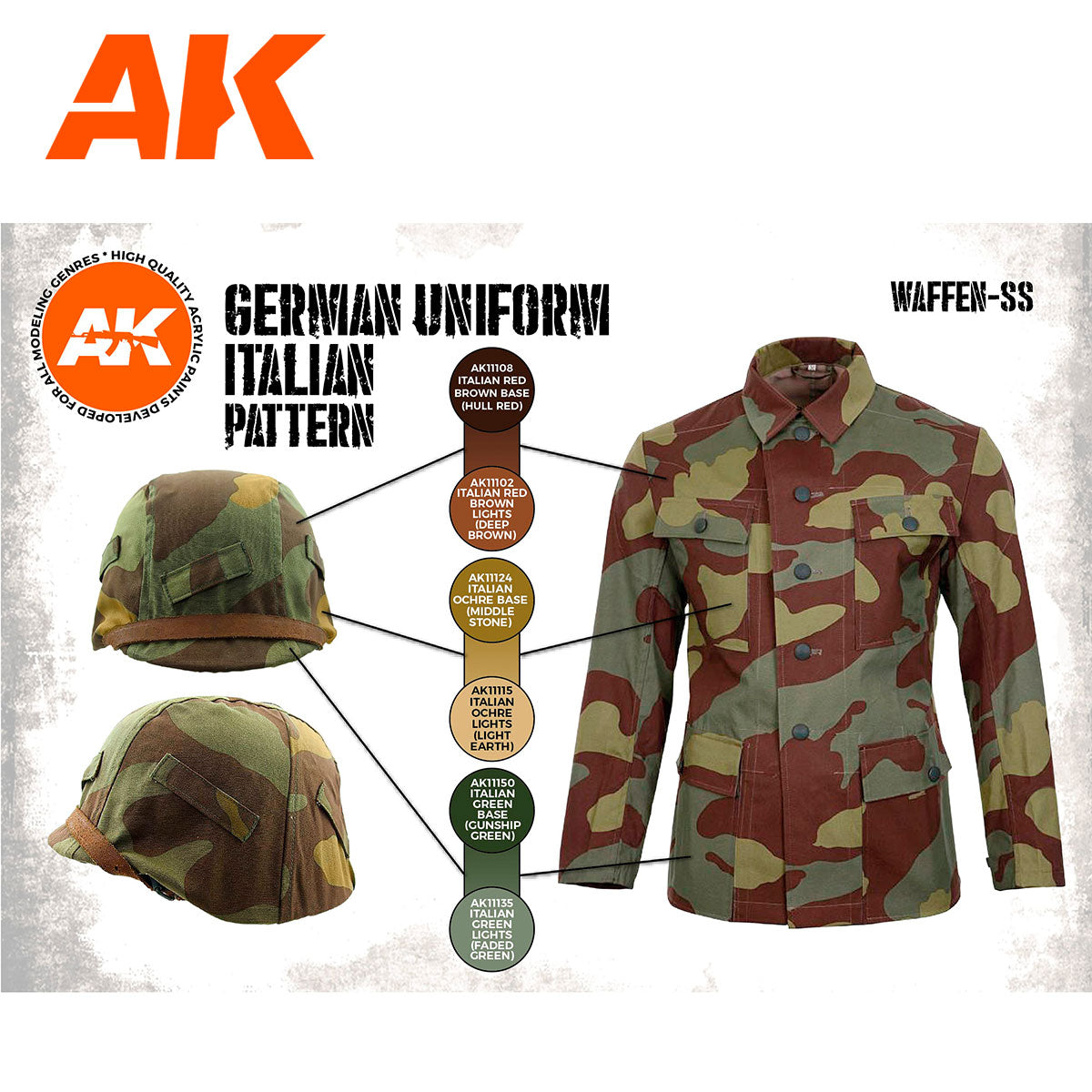 German Uniform Italian Pattern AK11681 - karta 6 kolorów 3G: Italian Green Base, Italian Green Lights, Italian Ochre Base, Italian Ochre Lights, Italian Red Brown Base, Italian Red Brown Lights - AK Interactive
